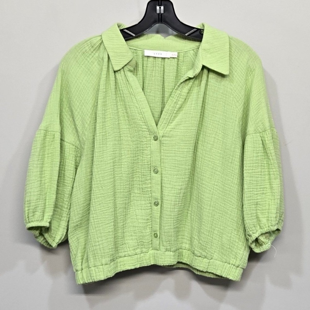 Lush Peasant Shirt Top XL Lime Green Gauze Cropped Cotton Poet Boho Cottagecore‎